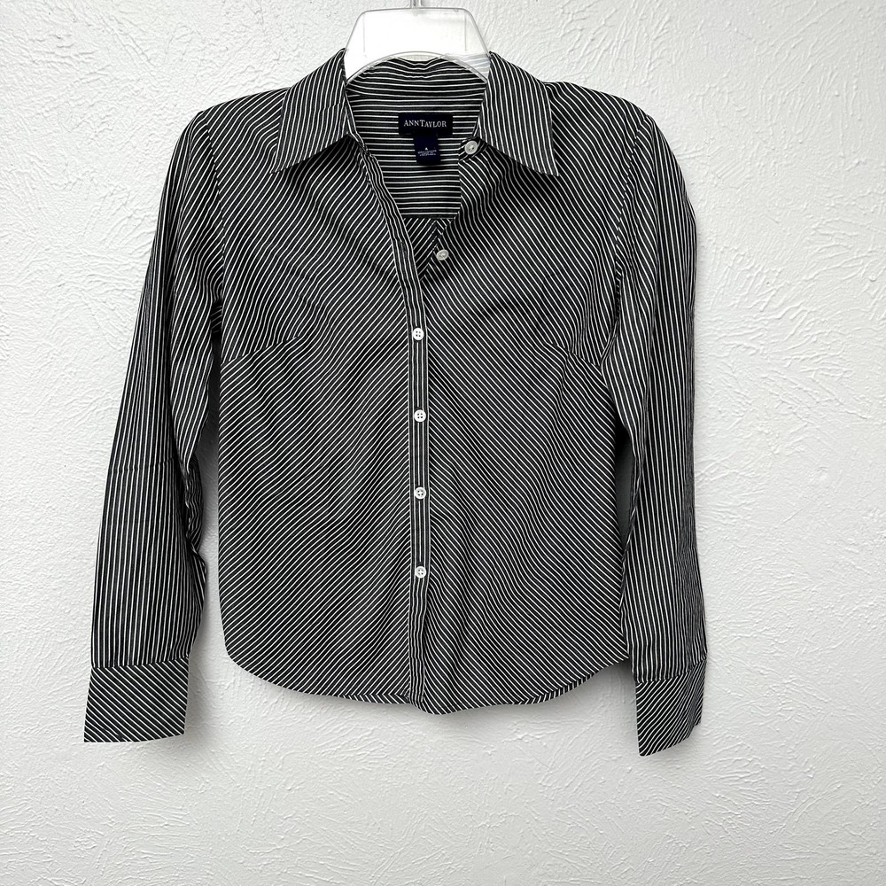 Ann Taylor Gray and White Striped Button Up Blouse